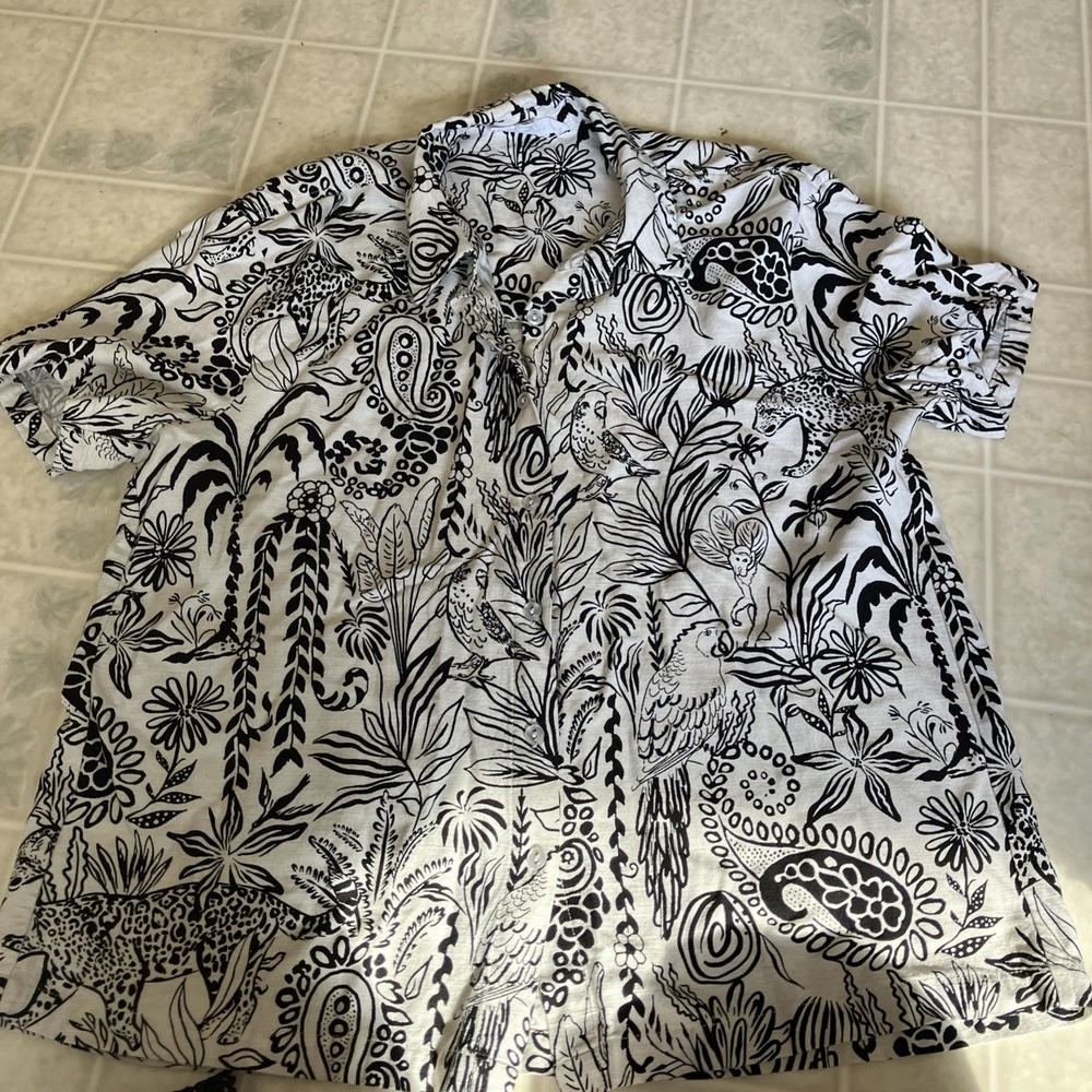 Jane & Delancey Large Cheetah Parrot Safari Print Blouse Linen Blend Shirt Slv